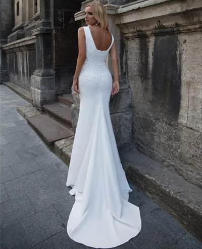 CW217 Minimal Soft Satin Appliques Lace Wedding Gown