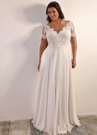 CW300 Plus size short sleeves chiffon A-line Wedding Dress