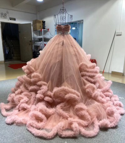CG147 Strapless Sashes Crystal Ruffle Wedding Dresses  (7 Colors)