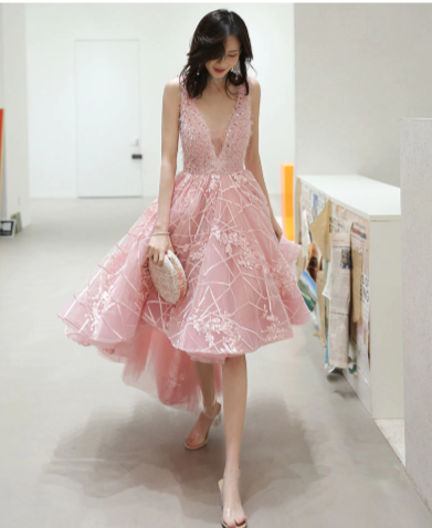 BH202 Pink V-neck Feather Sequined High Low Bridesmaid Dress