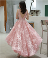 BH202 Pink V-neck Feather Sequined High Low Bridesmaid Dress