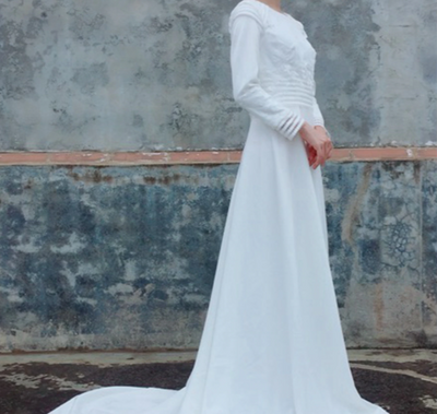 CW319 Real Photo minimalist long sleeves Satin Wedding Dress