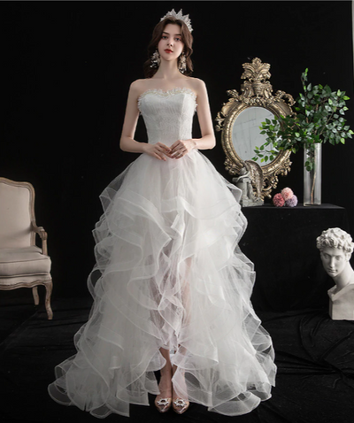 SS94 Strapless short long back Wedding Dress
