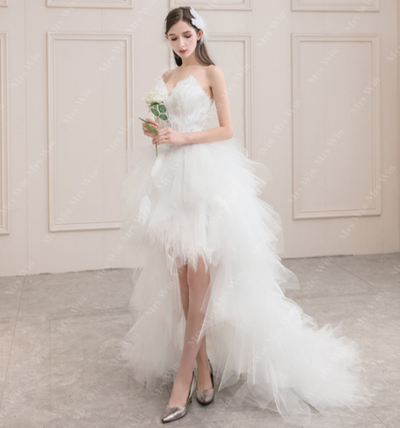 SS97 Sexy strapless feather high low wedding dress