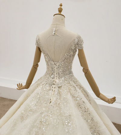 HW161 Handmade V Neck Short Sleeves beading sequin Wedding Gown
