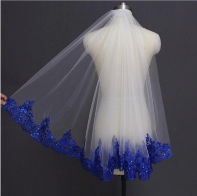 BV25 Royal Blue Sequined Lace Wedding Veil