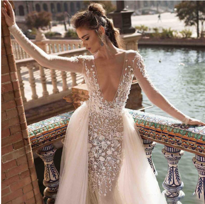 CW322 Sexy V Neck Backless Bohemian Bridal Gowns with overskirt