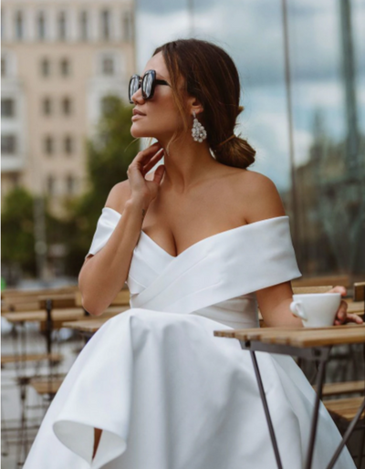 SS99 Simple off the shoulder Tea-length Wedding Dress