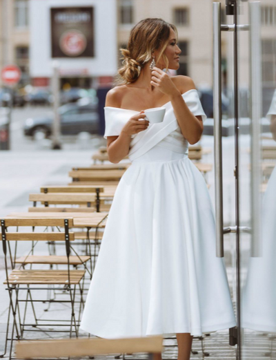 SS99 Simple off the shoulder Tea-length Wedding Dress