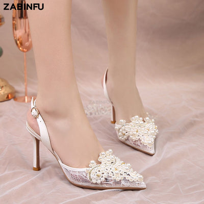 BS306 Pearl Lace Wedding Heels (White/Black)