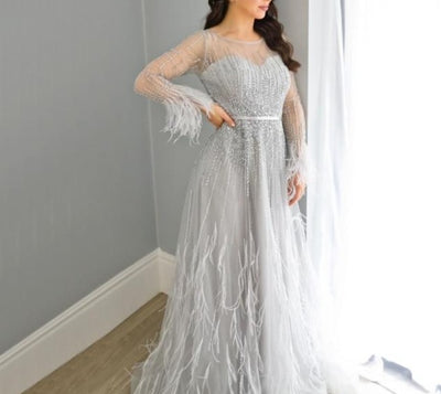LG316 Long sleeves beading feather A-line Evening Gowns( 5 Colors)