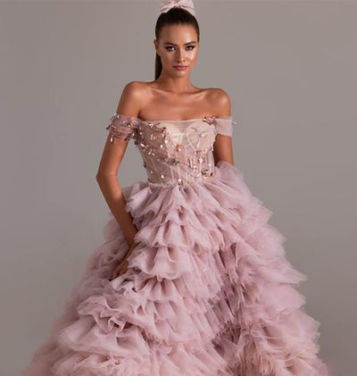 PP584 Pink Tiered Evening Gowns