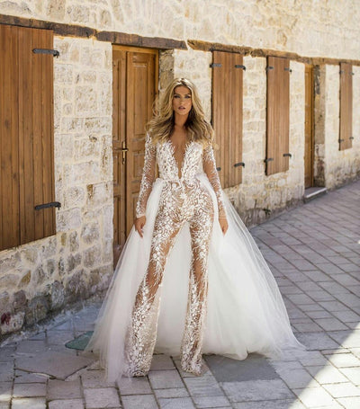 PD36 Sexy Illusion Wedding Jumpsuit with Detachable Train