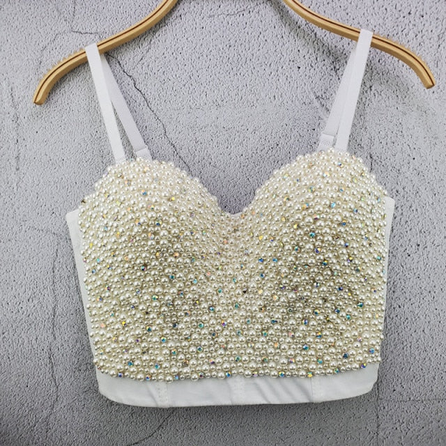 women sexy pearls beaded cami top
