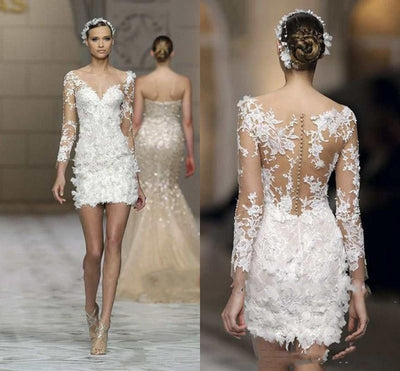 SS147 Illusion Long Sleeve Sheath Short Bridal Gowns