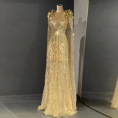 LG598 Luxury Gold Pageant Gown with Cape