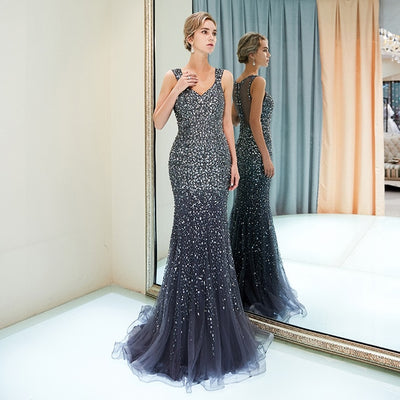 LG356 Luxury Spaghetti Strap V Neckline Beaded Evening Gowns (2 Colors)