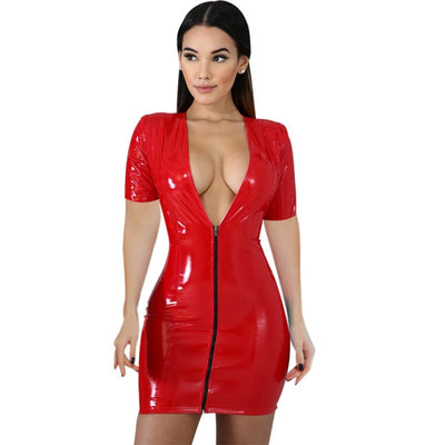 MX158 Sexy Deep V neck Latex Leather Bodycon Party Dress