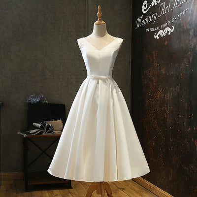 SS51 Simple V Neck Satin Tea Length Bridal Gown