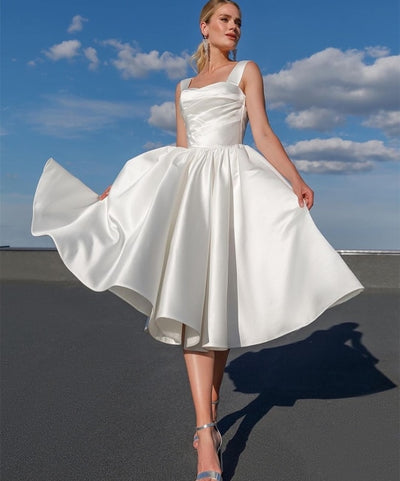 SS167 Simple Satin Spaghetti Strap Knee-Length Bridal Gowns