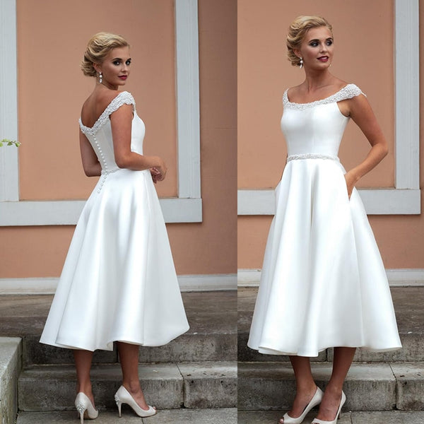 SS166 Minimalist satin knee-length Wedding dress with pockets ...