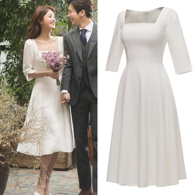 SS125 Simple satin Ankle length Wedding dress
