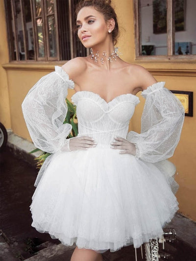 SS77 Sweetheart A Line Short Wedding Dress with removable Puff Sleeve