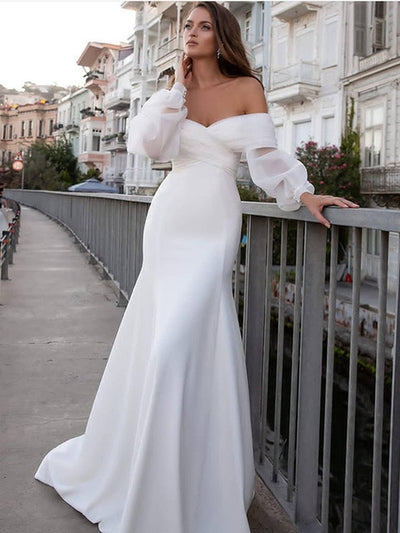 CW528 Off the shoulder fuff sleeves Satin Mermaid Wedding Dress