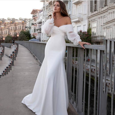CW528 Off the shoulder fuff sleeves Satin Mermaid Wedding Dress