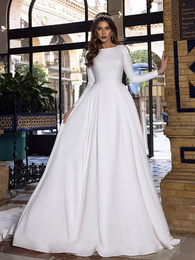 CW523 Simple soft Satin Backless A-line Wedding Gowns