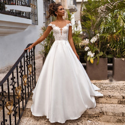 CW614 Simple Cap Sleeves Sweetheart Satin Bridal Dress