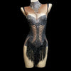 KP74 stage dance costume Sparkly Crystals Black Fringes Bodysuit