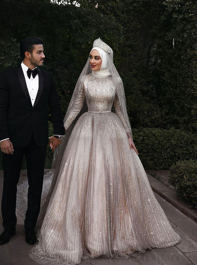 CW795 Middle grade Sparkly Muslim Wedding Gowns +Matching Veil
