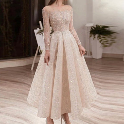 SS148  Sparkly Sheer Long Sleeve Ankle-Length Wedding dress