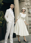 SS118 Vintage Boat neck Satin Knee Length Bridal Dress