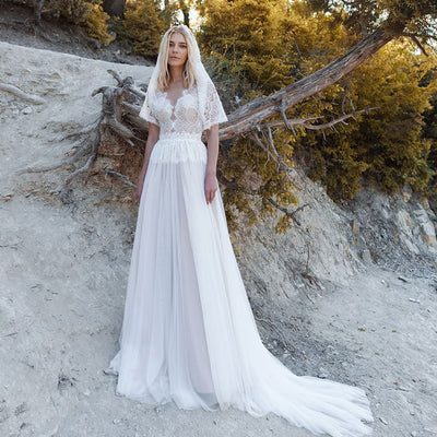 CW598 Sweetheart Neckline Lace and Tulle Boho Wedding dress