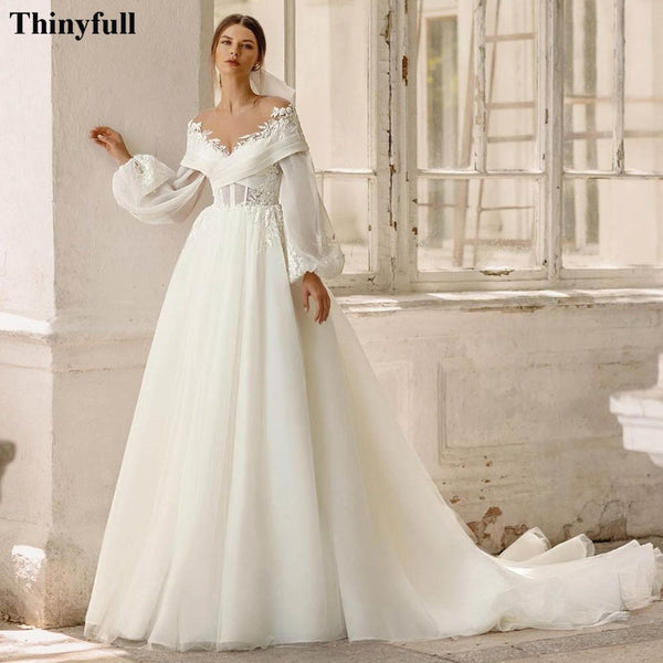 CW688 Simple Long Puff Sleeves A-line Wedding Dresses - Nirvanafourteen
