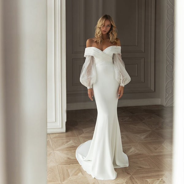 CW455 Off Shoulder Shiny Sleeves Mermaid Bridal Dress - Nirvanafourteen