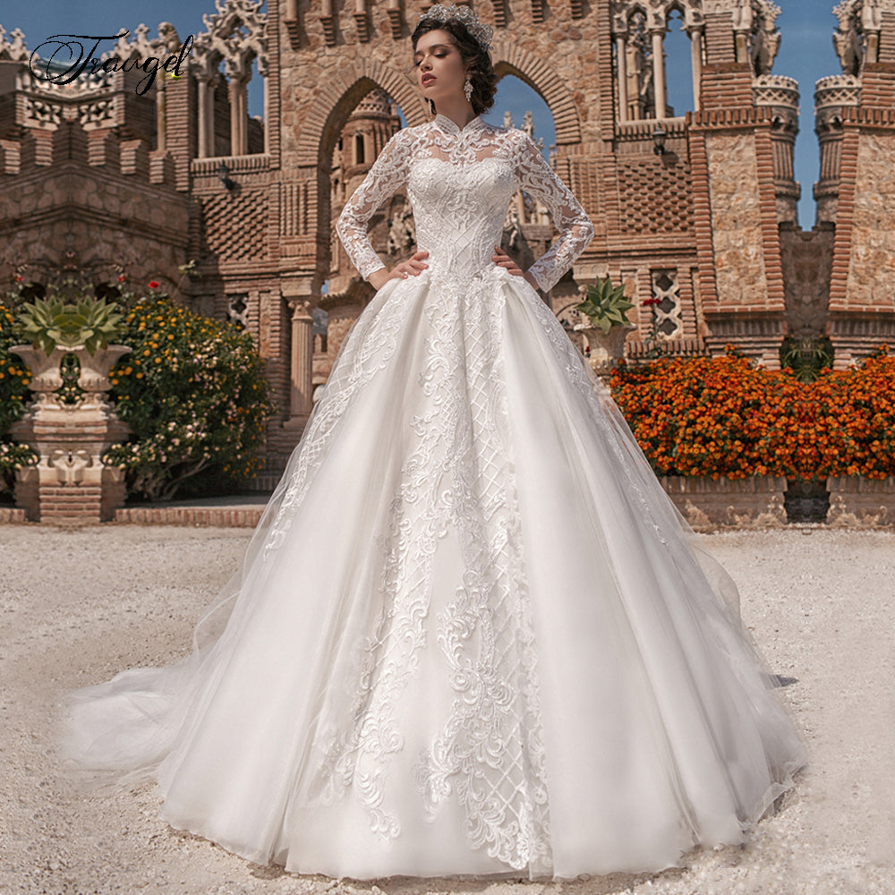 Lace High-Neck Wedding Dress with Long Sleeves