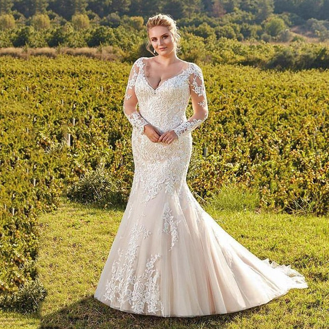 Plus size long outlet sleeve mermaid wedding dress