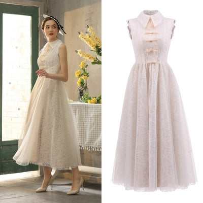 SS123 Real Photo Vintage Champagne lace tea length Bridal Dress