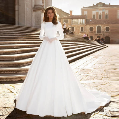 CW294 Simple satin long sleeves A-line Wedding Dresses