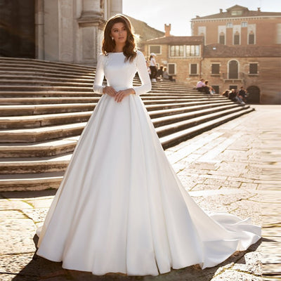 CW294 Simple satin long sleeves A-line Wedding Dresses