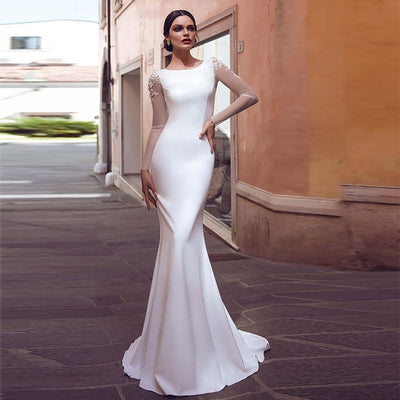 CW258 Simple Long sleeves soft satin Wedding Gown