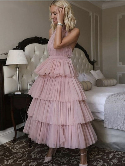 PP338 Tulle Tiered Ankle Length Evening Dresses ( Custom Colors)