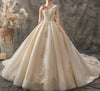 HW84 V-neck Lace Up Beading Sequins Gold Appliques Wedding Gown