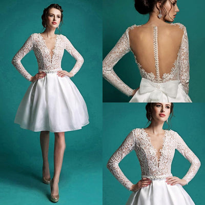 SS114 Lace Knee Length Illusion Back Wedding Gown