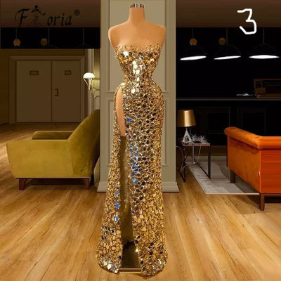 LG579 : 3 designs Gold Crystals Evening Gowns