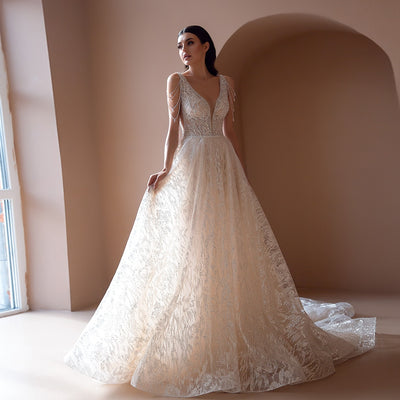 HW386 Sleeveless Tassel shining A-line Wedding dress