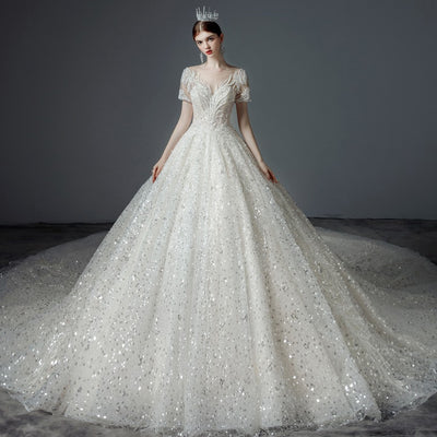 HW384 Sparkly Beading short sleeve Bridal Gown